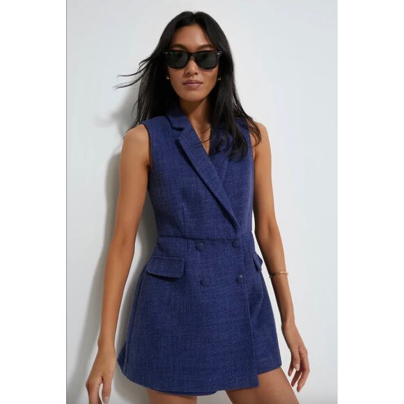 Tuckernuck Pomander Place Navy Tweed Campbell Romper Sz S - Picture 1 of 5